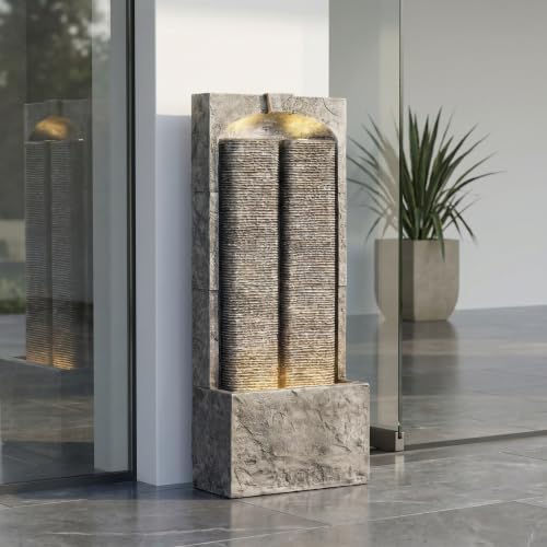 39 Inch Slate Textured Wall Water Fountain with LED Lights, Weatherproof Resin Fiberglass Freestanding Cascading Water Feature Out Patio for Backyard Indoor Entryway Decor - Image 2