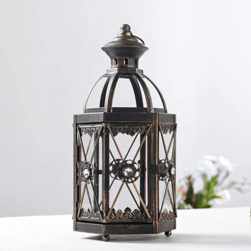 Vintage Iron Candle Lantern for Indoor Outdoor Decor, Decorative Metal Lantern with Glass Panels, Moroccan Style Candle Holder for Tabletop or Hanging, 10x26.5cm(Blue) - Image 4