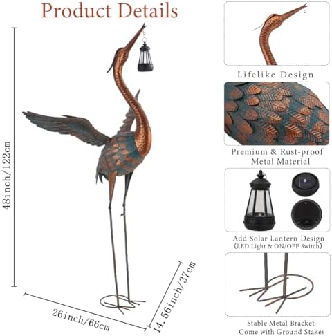 48'' Large Heron Garden Statue with Solar Lantern - Image 3