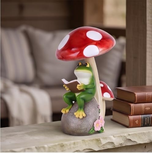 WUBIANJIE Frog Mushroom Garden Statue Lighted Resin Outdoor Decor Hand Painted Reading Frog Figurine Under Toadstool with Rock Base for Yard Lawn Patio Porch Flower Bed Accent - Image 4