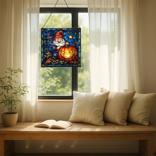 Gnome Pumpkin Lantern Stained Glass Suncatcher – Square Hanging Window Panel for Home or Greenhouse – Whimsical Glass Art Gift for Garden Lovers, Christmas, Halloween, Father Days WY9zHS - Image 7