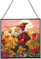 Poppy Meadow Gnome Stained Glass Suncatcher – Square Hanging Window Panel for Home or Greenhouse – Whimsical Glass Art Gift for Garden Lovers, Christmas, Halloween, Father Days DlIaQx by Custom