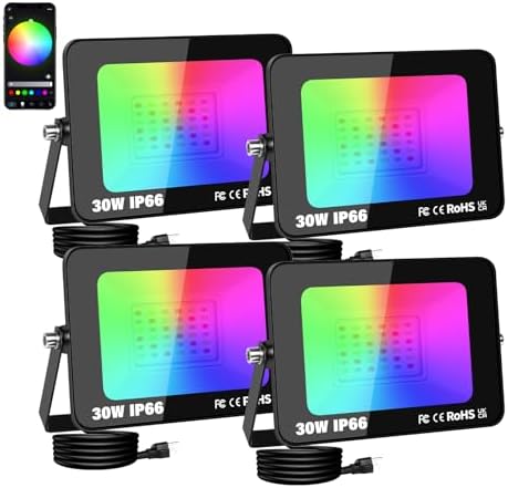 AUXTINGS 30W RGB LED Floodlight,3000LM Smart Flood Lights Outdoor with APP Control, Colour Changing,Timing Scene Lighting for Party Stage Garden Halloween Christmas Decorations,IP66 US Plug,4 Pack by AUXTINGSLEDLight