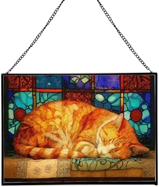 Sleeping Cat Curled in Window Light Rectangular Stained Glass Suncatcher – Hanging Window Panel with Animal & Nature Scene – Vibrant Glass Art Gift for Wildlife, Fantasy, Nature Lovers VzIeu5 by Custom