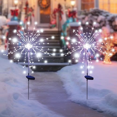 Solar Garden Firework Lights Outdoor Waterproof, 4 Pack Solar Powered Art Stake Twinkle Lighting for Outside Decor, 120 LED Sparklers String Lights for Yard Pathway Christmas Decorations(White) - Image 2