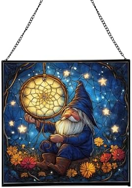 Gnome with Dreamcatcher Stained Glass Suncatcher – Square Hanging Window Panel for Home or Greenhouse – Whimsical Glass Art Gift for Garden Lovers, Christmas, Halloween, Father Days lkrjZa by Custom