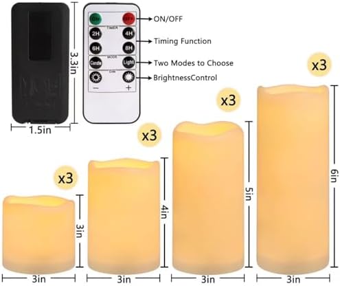 Enpornk Flameless Battery Operated Outdoor Waterproof Set of 12(D: 3" x H: 3" 4" 5" 6") Pillar LED Candles with 10-Key Remote and Cycling 24 Hours Timer - Image 2