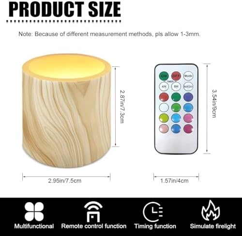 Pack of 4 Flameless Candles with Remote Battery Operated Candles with Timer Flickering LED Elictric Pillar Tealights for Indoor Outdoor Home Table Decorations, Wood Grain Print - Image 4