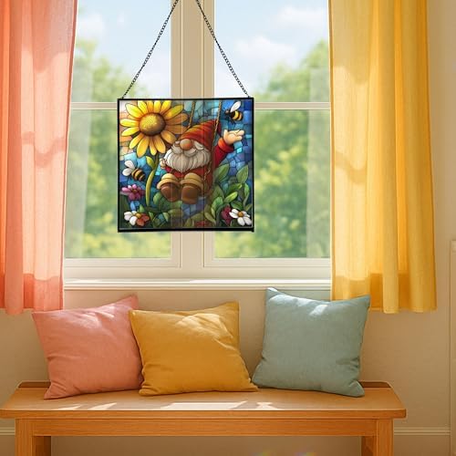 Gnome and Daisy Swing Stained Glass Suncatcher – Square Hanging Window Panel for Home or Greenhouse – Whimsical Glass Art Gift for Garden Lovers, Christmas, Halloween, Father Days T6RMkB - Image 5