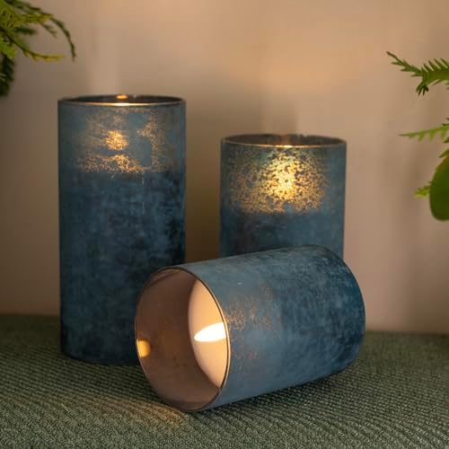 Blue Flameless Candles with Remote Ocean Glass LED Pillar Candles Set of 3 - Image 4