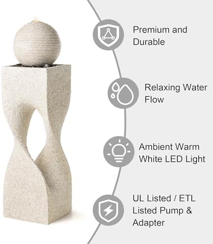 Glitzhome Outdoor Water Fountain with Lights, Outdoor Fountain with Pump, 36.5" H Modern Faux Terrazzo Geometric Pedestal and Sphere Polyresin Garden Fountains for Patio, Balcony, Yard Or Home Decor - Image 3
