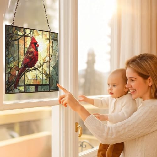 Vintage Cardinal On Branch Stained Glass Window Hanging, Colorful Sun Catchers Glass Panel Rectangle Suncatcher Decor for Birthday for Women, Men, Wife, Aunt, and Mom 15"x11" - Image 5