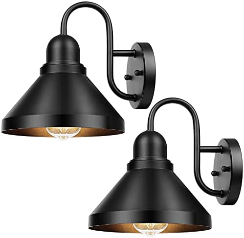 Brightever Gooseneck Outdoor Light Fixtures, 2-Pack Farmhouse Barn Lights for Porch, Industrial Black Exterior Wall Sconce for Garage, Patio, E26 Base Anti-Rust, Bulb not Included by Brightever