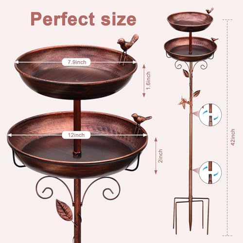Metal Bird Bath Bronze 2-in-1 Freestanding Garden Birdbath - Image 2