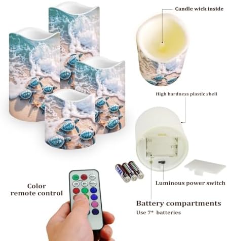 Beach Turtle LED Flameless Candles with Remote Timer Battery Powered Pillar Fake Lights Pack of 4 Waterproof Electric Candles for Bathroom Decor Mothers Day Gifts for Mom - Image 3