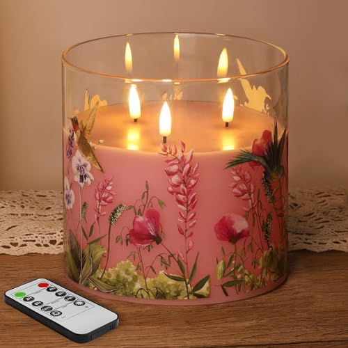 Pink Hummingbird Large 3 Wick Glass Flameless Pillar Candle with Remote by EywamageCandles