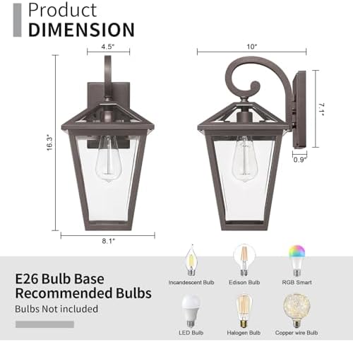 Outdoor Light Fixtures Wall Mount, Waterproof Exterior Wall Lanterns with Glass, Outside Wall Sconces, Front Porch Lights for House Garage Doorway Patio, Oil-Rubbed Bronze - Image 4