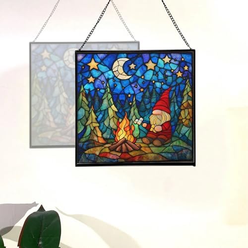 Camping Gnome Delight Stained Glass Suncatcher – Square Hanging Window Panel for Home or Greenhouse – Whimsical Glass Art Gift for Garden Lovers, Christmas, Halloween, Father Days PbwBv7 - Image 4