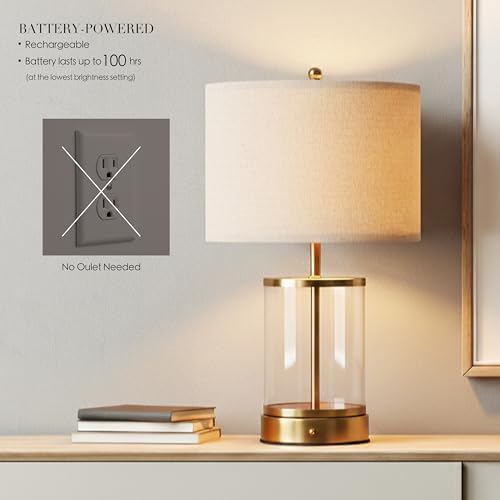 O’Bright Luma - Battery Powered Table Lamp, Cordless Glass Bedside Lamp with Rechargeable Battery, Full Size 19.5 Inch Height, Touch Dimmer, Type-C Charging, Clear Glass Design, Antique Brass - Image 2