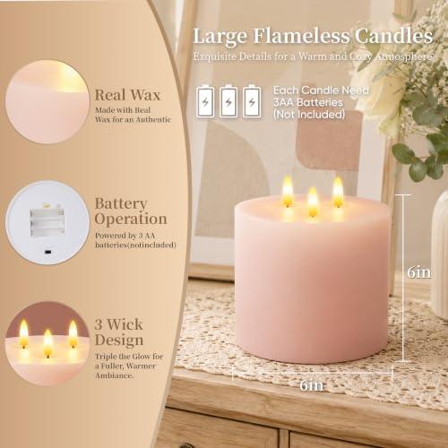 Amagic 3 Wick Extra Large Flameless Pillar Candles with Timer Remote, Pink - Image 5