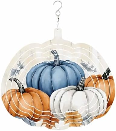 Fall Wind Spinners for Yard and Garden Orange Blue Pumpkin Wind Spinner Autumn Harvest 3D Metal Stainless Steel Pumpkin Wind Sculptures Chimes Outdoor Patio Thanksgiving Hanging Ornament 12 Inch by Home+L6