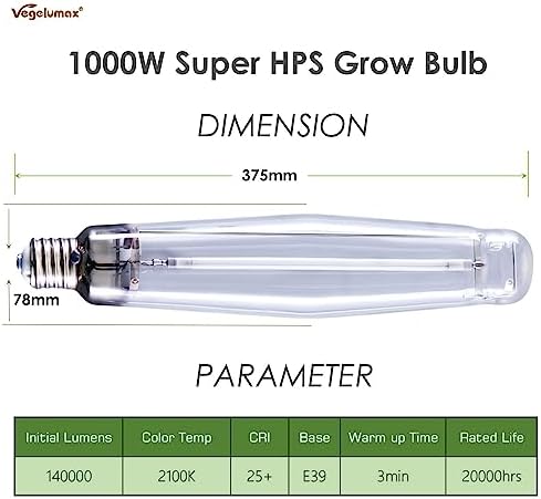 1000Watt Hydroponic High Pressure Sodium HPS Grow Light Bulb Lamp,High PAR Enhanced Red and Orange Spectrums,CCT 2100K,Ultra Bright 140,000 Lumens,E39 Base,1pack - Image 3