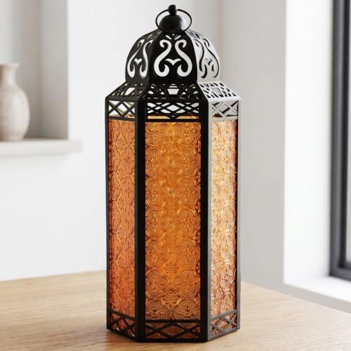 Vela Lanterns Decorative Indoor Candle Holder Table Centerpieces - Moroccan Hanging Outdoor Patio & Porch Home Decor, Turkish Floor Lamp for Wedding, Ramadan, Halloween (Extra Large 16", Amber Glass) by VelaCandleLanterns