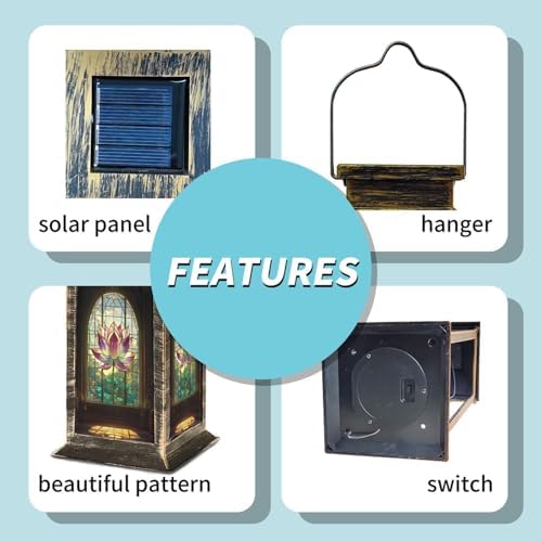 Solar Lantern Victorian Stained Glass Window Lotus Flower Outdoor Waterproof Garden Hanging Lantern Solar Powered Lighting Outside Table Lamp for Patio Deck Camping 1 Pack - Image 4