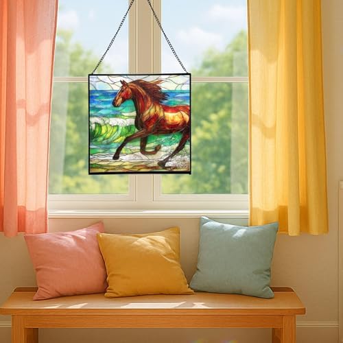 Dark Bay Thoroughbred Horse galloping along wind-cut shore Square Suncatcher – Stained Glass Style Window Panel with Pastoral Scene, Custom Decorative Hanging Art for Equestrian Home, Christmas taLOEO by Custom