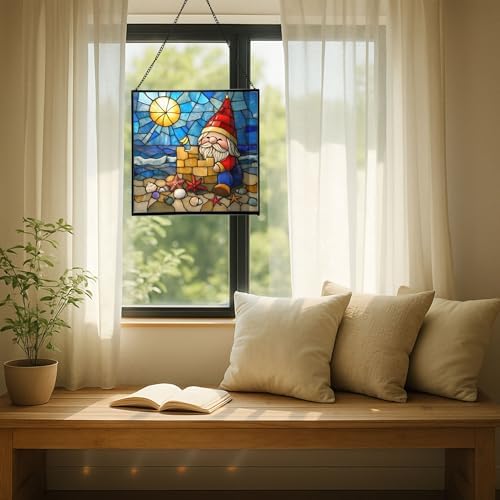 Beach Day Gnome Stained Glass Suncatcher – Square Hanging Window Panel for Home or Greenhouse – Whimsical Glass Art Gift for Garden Lovers, Christmas, Halloween, Father Days GWNf1E - Image 7
