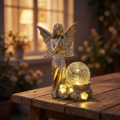 Garden Fairy Statue Outdoor Decoration, Outdoor Solar Light Fairy Garden Sculpture & Statue Patio, Lawn, Yard Accessories, Resin Copper Bronze Angel Figurines for Outside Decor, Gifts for Mom - Image 4