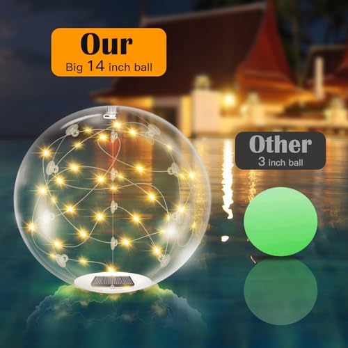 afzdby Floating Pool Lights Solar Powered,14 Inch 3000K Warm White Inflatable Glow in The Dark Balls,IP68 Waterproof Led Light up for Inground Pool,Christmas Decorations Outdoor Ornaments - Image 6