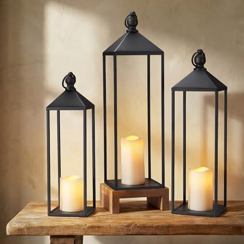 Perfnique Decorative Lanterns for Indoor & Outdoor, Set of 3 Black Metal Lanterns (22" & 19" & 17") with LED Timer Flameless Candles, Farmhouse Modern Decor for Front Porch, Patio, Garden, Mantle by PERFNIQUE