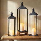 Perfnique Decorative Lanterns for Indoor & Outdoor, Set of 3 Black Metal Lanterns (22" & 19" & 17") with LED Timer Flameless Candles, Farmhouse Modern Decor for Front Porch, Patio, Garden, Mantle by PERFNIQUE