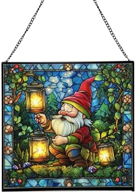 Gnome with Firefly Lanterns Stained Glass Suncatcher – Square Hanging Window Panel for Home, Garden, Nursery, Halloween, Christmas, Memorial Day – Whimsical Glass Art Gift for Gnome Lovers yb570v by Custom