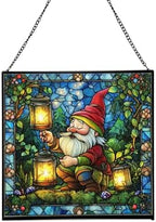 Gnome with Firefly Lanterns Stained Glass Suncatcher – Square Hanging Window Panel for Home, Garden, Nursery, Halloween, Christmas, Memorial Day – Whimsical Glass Art Gift for Gnome Lovers yb570v by Custom