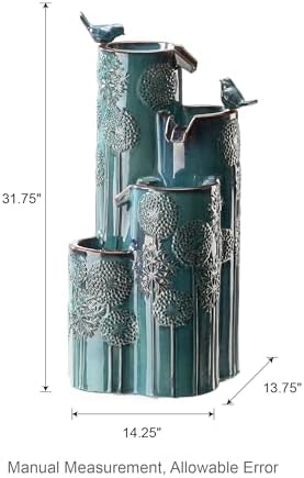 Glitzhome 31.75" H Ceramic Outdoor Water Fountain with LED Lights, 4-Tier Vase Outdoor Fountain, Turquoise Glaze,Dandelion Texture, Bird Bath Cascading Waterfall for Garden, Patio, or Porch - Image 2