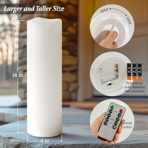 4" x 14" White Large Waterproof Outdoor Flameless Candles Battery Operated LED Flickering Pillar Candles with Remote and Timer for Indoor Outdoor Lanterns, Long Lasting, Set of 2 - Image 4