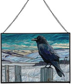 Raven Sitting on Frosted Fencepost Rectangular Stained Glass Suncatcher – Hanging Window Panel with Animal & Nature Scene – Vibrant Glass Art Gift for Wildlife, Fantasy, Nature Lovers Icuccc by Custom