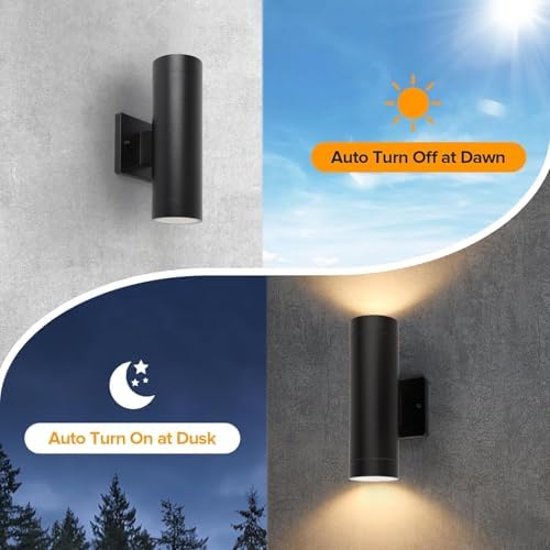 LUTEC Dusk to Dawn Outdoor Wall Lights, 16W Integrated LED Cylinder Up-Down Sconce, 3000K Waterproof Aluminum Exterior Lighting, Matte Black Modern Porch and Entryway Wall Light Fixture, 2 Pack - Image 3
