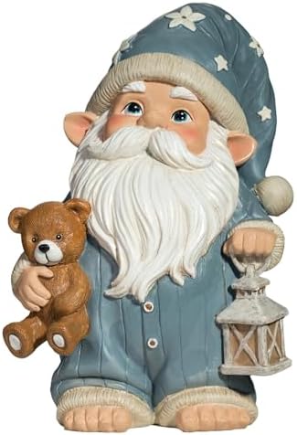 Sleepy Garden Gnome with Teddy Bear & Lantern - 9" Weatherproof Resin Statue - Indoor Outdoor Decor - Whimsical for Home, Patio & Lawn by GIOMLE
