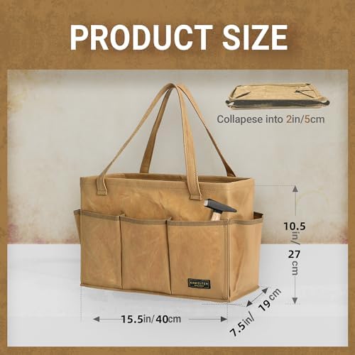 Durable 16OZ Waxed Canvas Tool Bag with Metal Frame, 15.5 Inch Large Collapsible Storage Tool Tote(Khaki | 15.5 X 7.5 X 10.5in) - Image 2