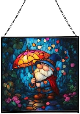 Gnome and Umbrella Petal Shower Stained Glass Suncatcher – Square Hanging Window Panel for Home or Greenhouse – Whimsical Glass Art Gift for Garden Lovers, Christmas, Halloween, Father Days ehmBik by Custom