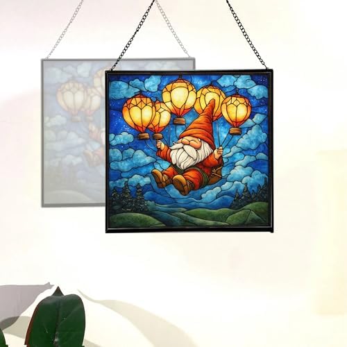 Gnome with Lantern Balloons Stained Glass Suncatcher – Square Hanging Window Panel for Home or Greenhouse – Whimsical Glass Art Gift for Garden Lovers, Christmas, Halloween, Father Days zvm4QW - Image 4