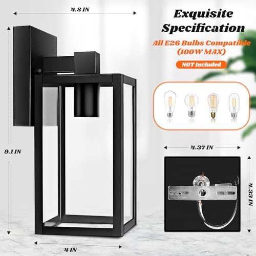 Brightever 2-Pack Outdoor Wall Lantern, Exterior Waterproof Wall Sconce Light Fixtures, Black Outside Wall Lights with Clear Glass for House, Porch, Front Door, Garage, Patio, Bulbs Not Included - Image 5