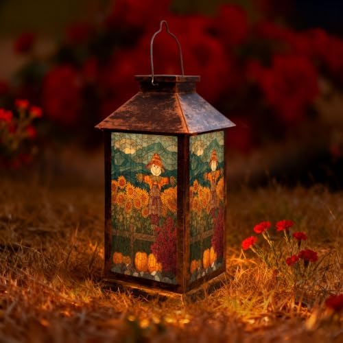 Fall Solar Lantern Watercolor Style Stained Glass Fall Landscape Decor Panel Waterproof Outdoor Hanging Lantern, Solar Powered Garden Light for Patio Yard Camping, Halloween Gift by Unknown