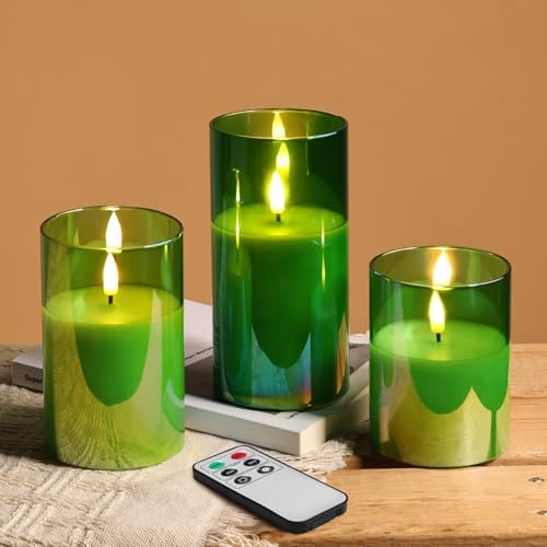 Eywamage Green Glass Flameless Pillar Candles with Remote Set of 3 by EywamageCandles
