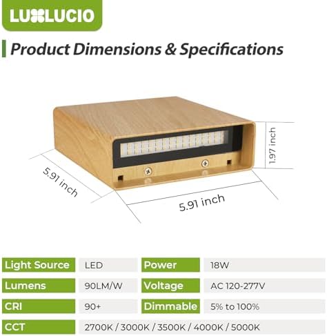2 Pack Indoor Outdoor Natural Wood Grain Up and Down LED Wall Light, Modern Bedroom/Porch Wall Lamp, IP65 Waterproof, 5%-100% Dimmable 18W 1620lm, 5CCT (2700K-5000K), CRI 90+, 120V-277V - Image 4