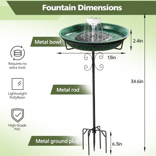 Solar Fountain Bird Bath for Outside Garden Decor,All Metal Hummingbird Bath & Feeder with 5-Prong Base,Standing Bird Feeder for Backyard Birding & Wildlife,Copper Green - Image 3