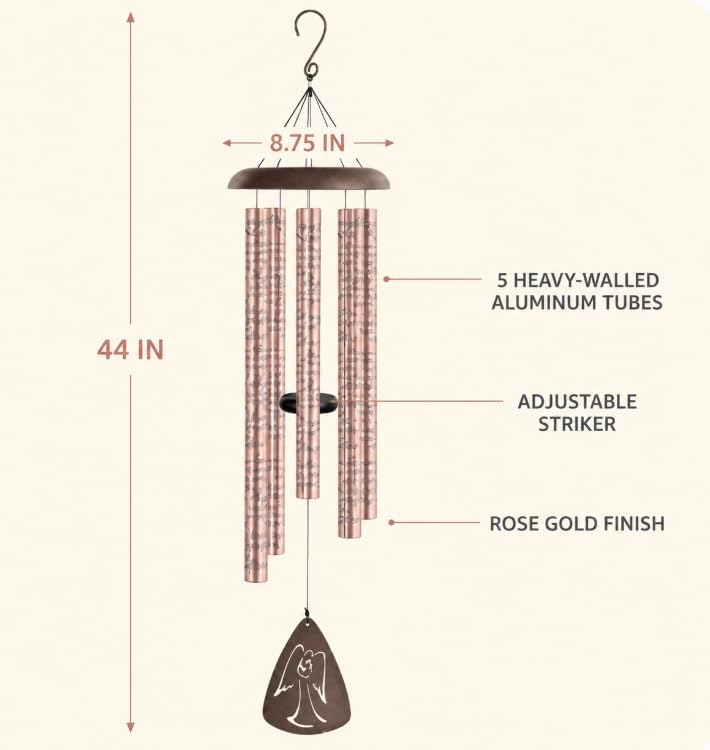 Carson “Always Near” Memorial Wind Chime, 44-Inch Rose Gold Aluminum Sympathy Chime with 5 Deep-Tone Tubes and Adjustable Striker, Remembrance Gift for Outdoor Garden, Patio or Porc - Image 3